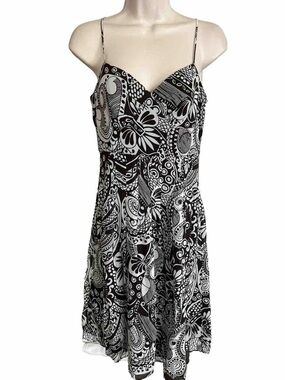 Ann Taylor Silk SunDress Fit n flare Brown White Print 100% Silk+Lined  size 6